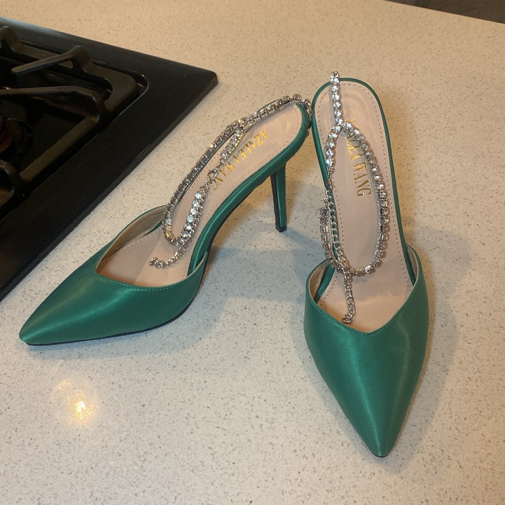 Satin green bedazzled heels